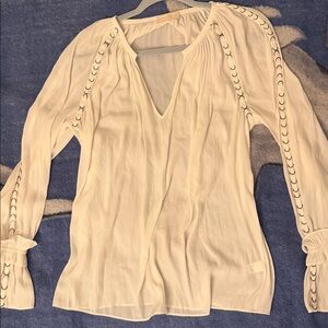 White V-Neck Peasant Blouse with Chain Embroidery